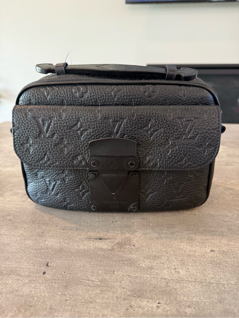 Louis Vuitton Black Embossed Monogram Messenger Bag with Metal Clasp